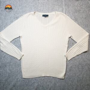 Karen Scott Pullover Sweater White Cotton Knit Long Sleeve V-Neck Women's Medium